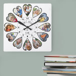 Reloj Cuadrado Érase una vez 12 fotos en forma de corazón blancas<br><div class="desc">Crea tu propio reloj multifotográfico para contar tu historia - el centro del reloj está marcado con "Érase una vez" en tipografía escrita a mano. Utilice la plantilla de fotos para añadir 12 de sus fotos favoritas, que se mostrarán en marcos con forma de corazón. El diseño utiliza fotos verticales...</div>