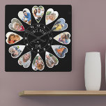 Reloj Cuadrado Érase una vez 12 fotos en forma de corazón negras<br><div class="desc">Crea tu propio reloj multifotográfico para contar tu historia - el centro del reloj está marcado con "Érase una vez" en tipografía escrita a mano. Utilice la plantilla de fotos para añadir 12 de sus fotos favoritas, que se mostrarán en marcos con forma de corazón. El diseño utiliza fotos verticales...</div>