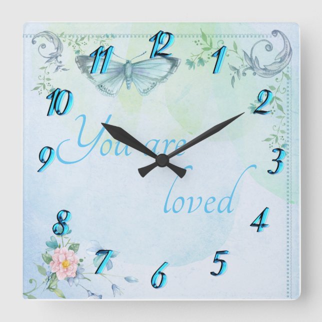 Reloj Cuadrado "Eres amado" Mariposa Azul (Anverso)