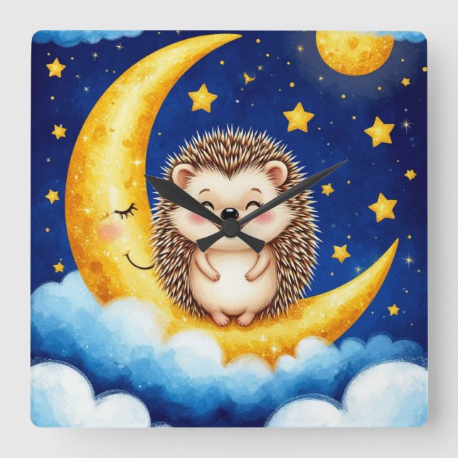 Reloj Cuadrado Erizo Adorable Luna Creciente Dorada (Anverso)