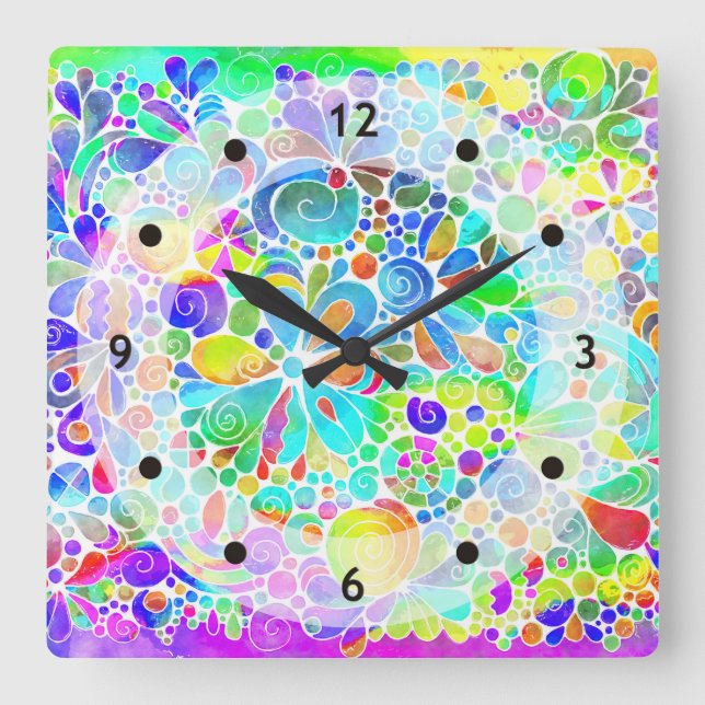 Reloj Cuadrado Esbozo de arte de fantasía - Flores abstractas 2 (Anverso)