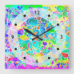 Reloj Cuadrado Esbozo de arte facial - Flores abstractas 2