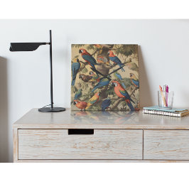 Reloj Cuadrado Escena botánica vintage loros coloridos en un árbo