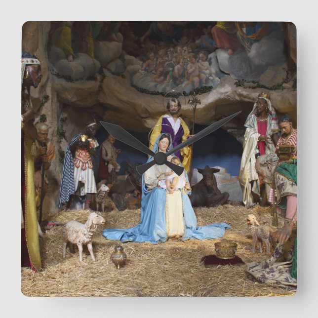 Reloj Cuadrado Escena de la Natividad de los Navidades Antiguos (Anverso)