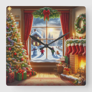 Reloj Cuadrado Escena de la ventana Navidades acogedores