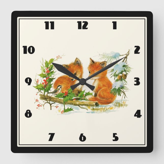Reloj Cuadrado Escena de Navidades Retro de zorros de época (Anverso)