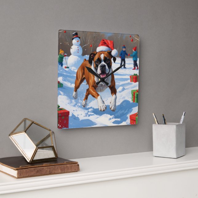 Reloj Cuadrado Escena de nieve festiva de Navidades de boxer (Oficina)
