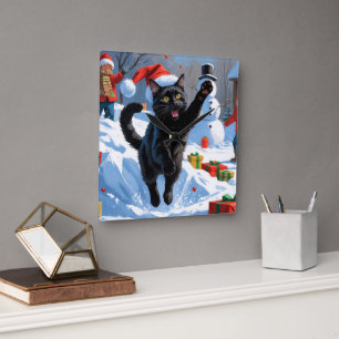 Reloj Cuadrado Escena de nieve festiva para Navidades de gato neg