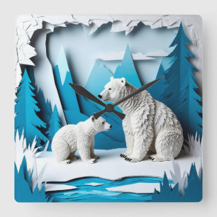 Reloj Cuadrado Escena de Papercraft de Osos Polares en Bosque Árt