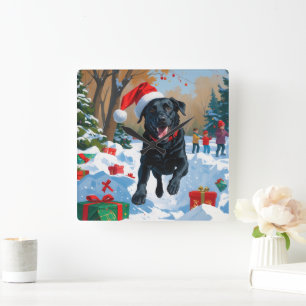 Reloj Cuadrado Escena festiva de Navidad con Labrador negro en la