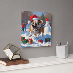 Reloj Cuadrado Escena Navideña Festiva de Nieve con Bulldog