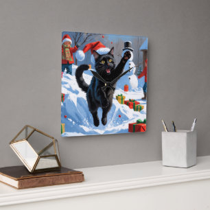 Reloj Cuadrado Escena nevada festiva de Navidad de gato negro