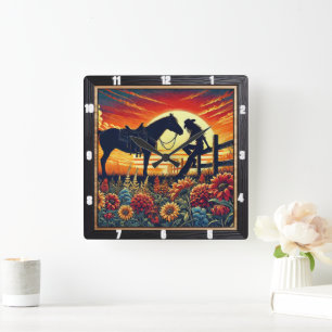 Reloj Cuadrado Escena occidental representando caballo, jinete, a