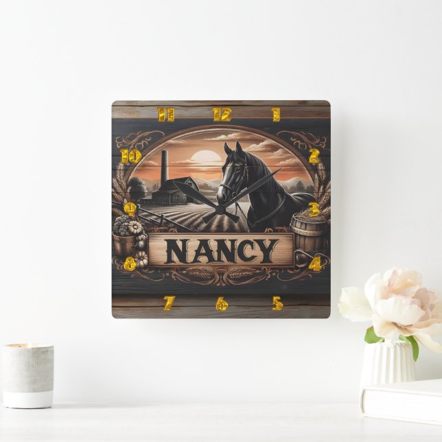 Reloj Cuadrado Escenario de caballos y granjas con placa de ident (Hogar)