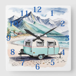 Reloj Cuadrado Escenario de playa de Caravana de Camping Retro