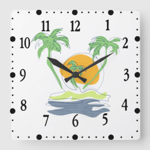 Reloj Cuadrado Escenario de playa de isla tropical. Contorno de p