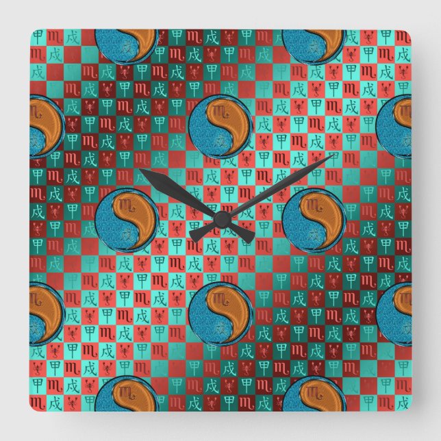 Reloj Cuadrado Escorpio & Perro de Madera (Anverso)