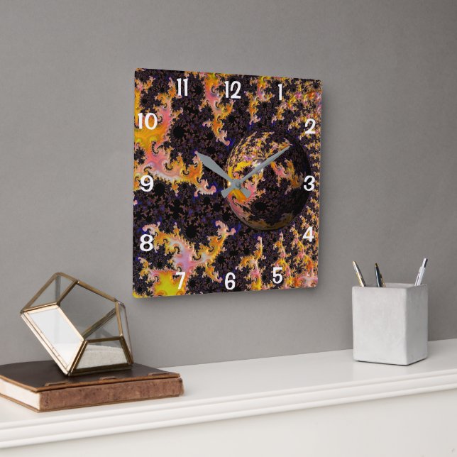 Reloj Cuadrado Esfera de Tormenta Fractal de Fuego (Oficina)
