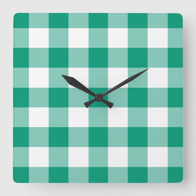 Reloj Cuadrado Esmalte Verde Y Blanco Cuadros Patrón Gingham (Anverso)