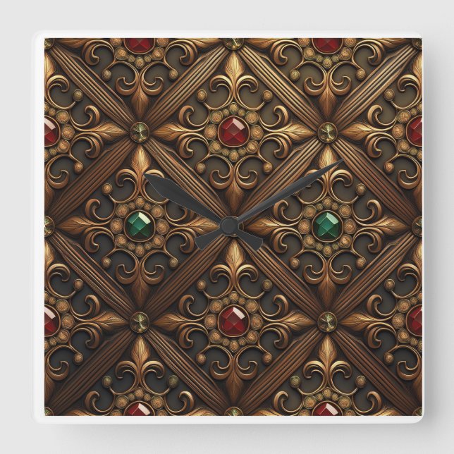 Reloj Cuadrado Esmeraldas Y Rubos En Un Diseño Ornato Dorado (Anverso)