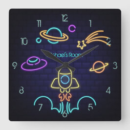 Reloj Cuadrado Espacio infantil con luz de neón temática