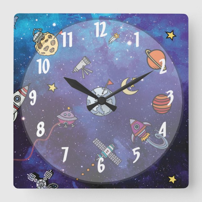 Reloj Cuadrado Espacio ultraterrestre para niños (Anverso)