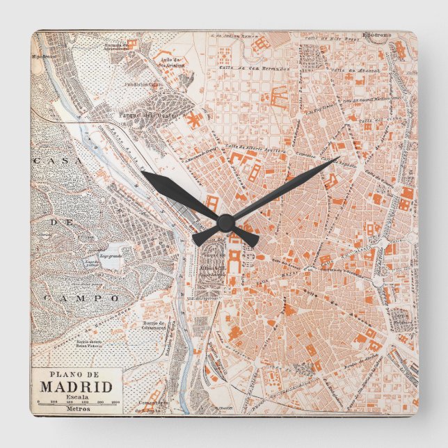 Reloj Cuadrado España: Mapa de Madrid, C1920 (Anverso)