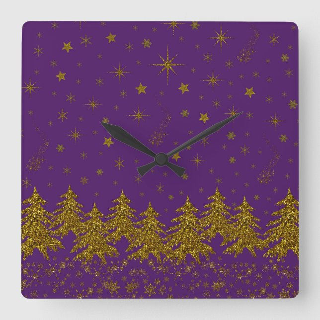 Reloj Cuadrado Espantoso árbol de Navidad dorado, estrellas, niev (Anverso)