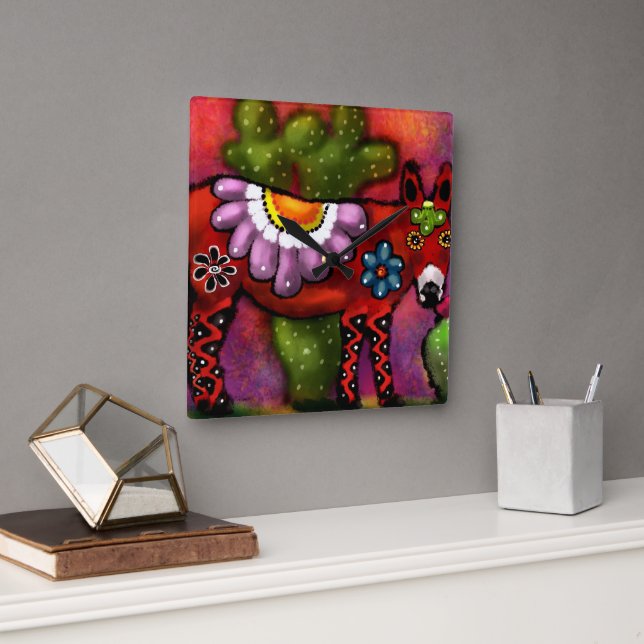 Reloj Cuadrado Espectacular burro al estilo de Talavera floral de (Oficina)