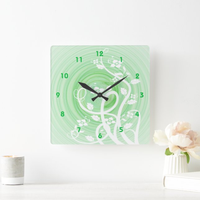 Reloj Cuadrado Espirales de pastel verde, filigrí y flores (Hogar)