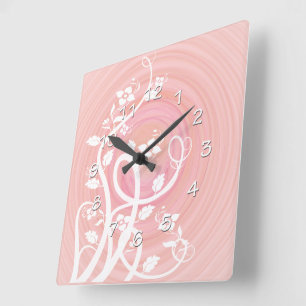 Reloj Cuadrado Espirales pastel rosa y melocotón, filigrana y flo
