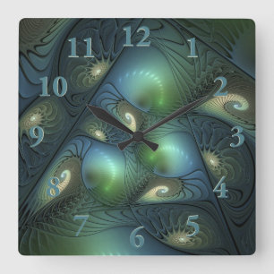 Reloj Cuadrado Espirales Verde azulado Beige Verde Resumen arte f