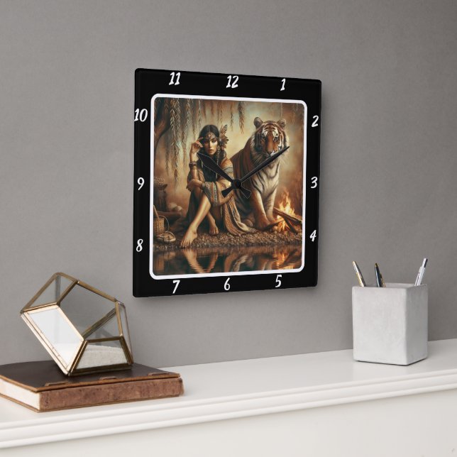 Reloj Cuadrado Espíritu nativo: Fluyendo la mirada del tigre de l (Oficina)