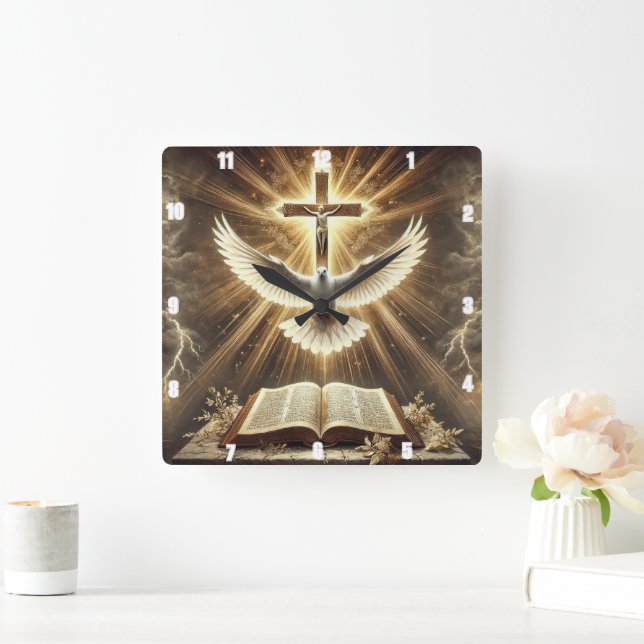 Reloj Cuadrado Espíritu Santo Cruza la Biblia Dove (Hogar)
