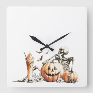 Reloj Cuadrado Esqueleto con calabaza y bebida. Halloween.