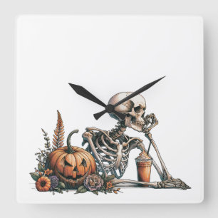 Reloj Cuadrado Esqueleto con calabaza y bebida. Halloween