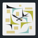Reloj Cuadrado Esquinas geométricas de la era atómica retro a med<br><div class="desc">Añade un toque de color a tu pared con este divertido reloj moderno de mediados de siglo. Los colores son divertidos: azul acuático,  verde aguacate,  amarillo y geométrico negro.</div>