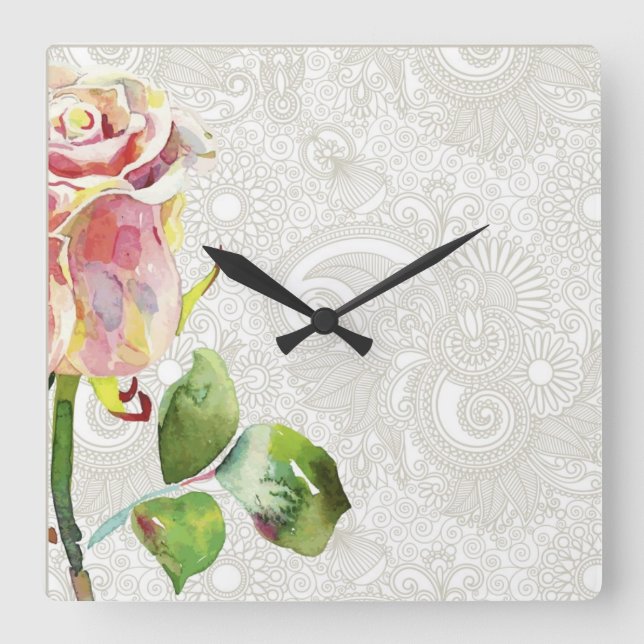 Reloj Cuadrado Estampado de flores adornado con la acuarela (Anverso)