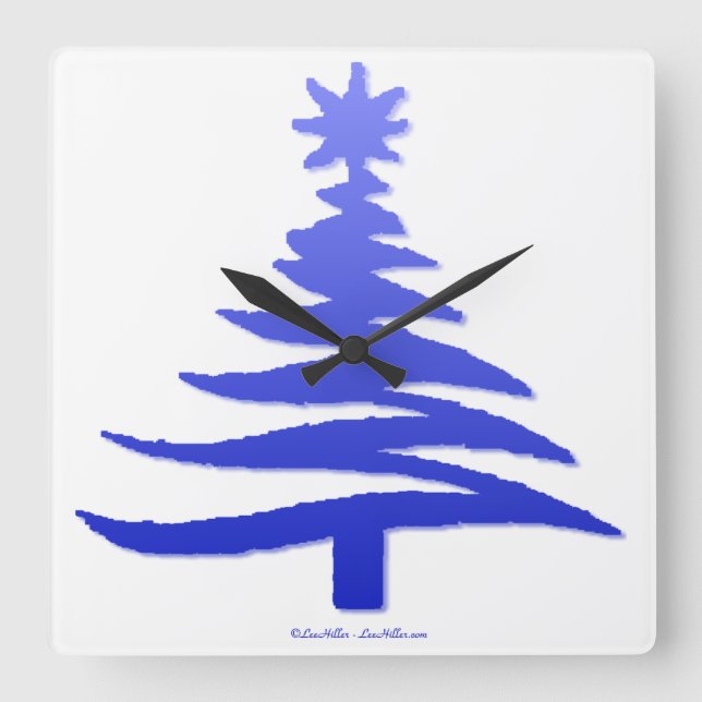 Reloj Cuadrado Esténcil de árbol de navidad azul de cobalto (Anverso)