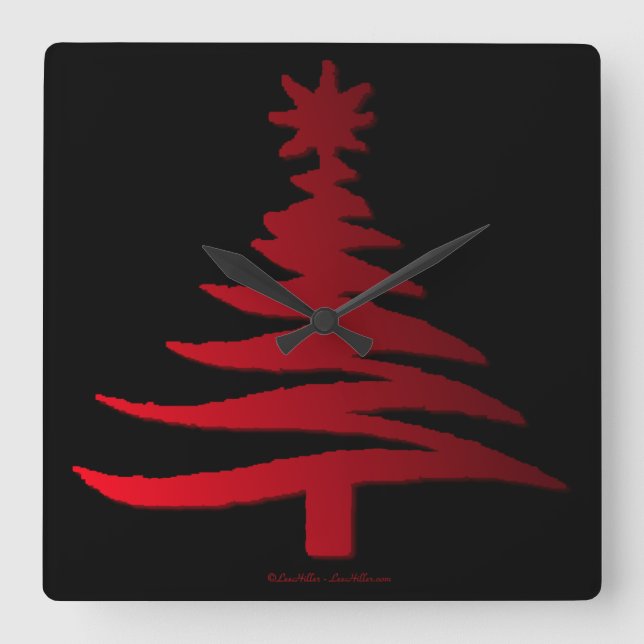 Reloj Cuadrado Esténcil de árbol de Navidad moderno Imprimir rojo (Anverso)