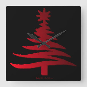 Reloj Cuadrado Esténcil de árbol de Navidad moderno Imprimir rojo