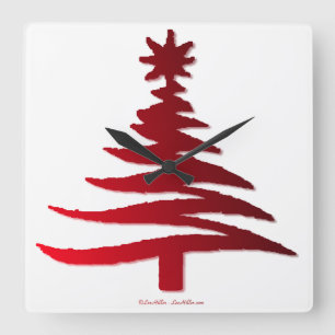 Reloj Cuadrado Esténcil moderno de árbol de Navidad Imprimir rojo