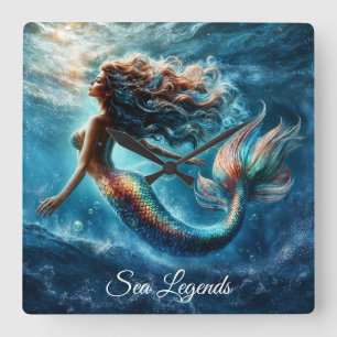 Reloj Cuadrado Estética de sirena acuática en azul profundo