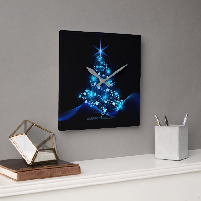 Reloj Cuadrado estilizado árbol de Navidad SlipperyJoe azul brill (Oficina)
