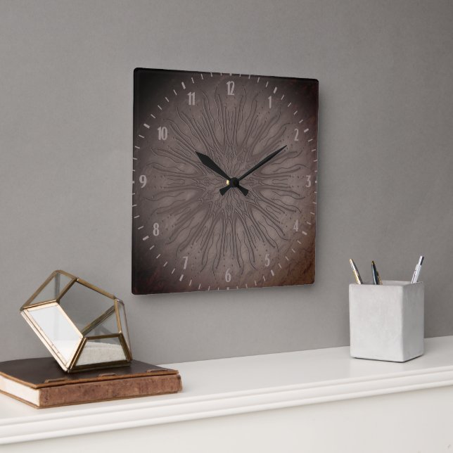 Reloj Cuadrado Estilo boho ráfaga de sol orgánico mandala marrón  (Oficina)