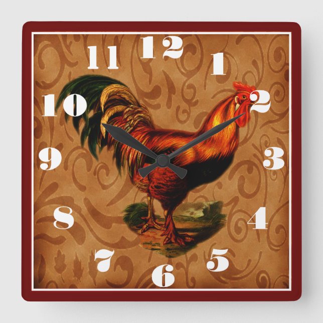 Reloj Cuadrado Estilo de casa de granja Gallo de campo (Anverso)