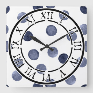 Reloj Cuadrado Estilo elegante, acuarela de polka dot, azul y bla