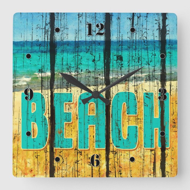 Reloj Cuadrado Estilo Rótulo Wood Beach (Anverso)