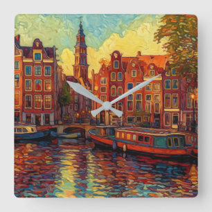 Reloj Cuadrado Estilo van Gogh en los canales de Amsterdam