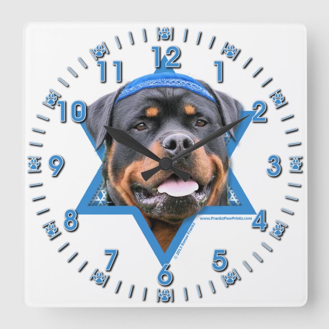 Reloj Cuadrado Estrella de Jánuca de David - Rottweiler (Anverso)